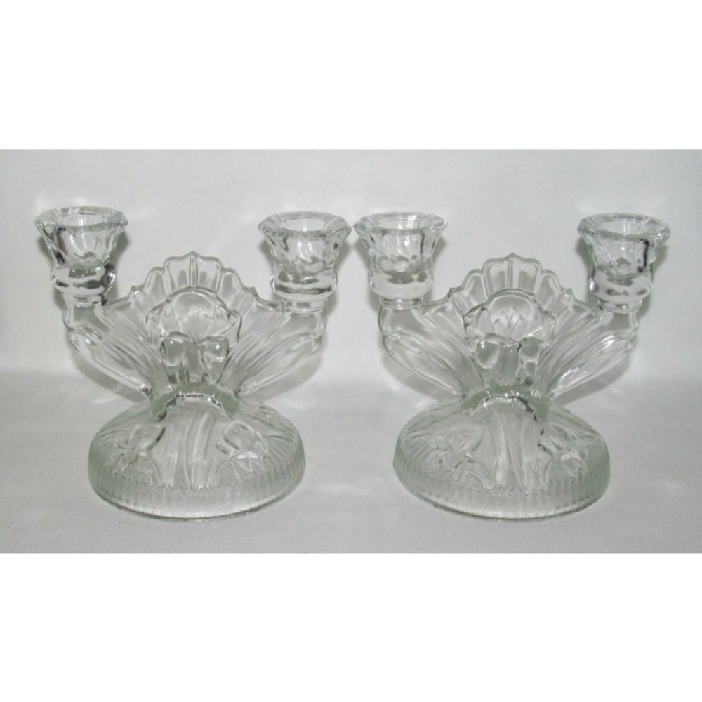 Jeannette Glass IRIS AND HERRINGBONE Crystal Pair of Candle Holders